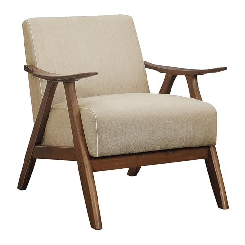 Lexicon Mid Century Modern Accent Chair with Solid Wood Frame in Walnut Finish, Upholstered Living Room Lounge Arm Chair, Thick and Comfy Innerspring Seat Cushion, Linen-Look Fabric, Light Brown