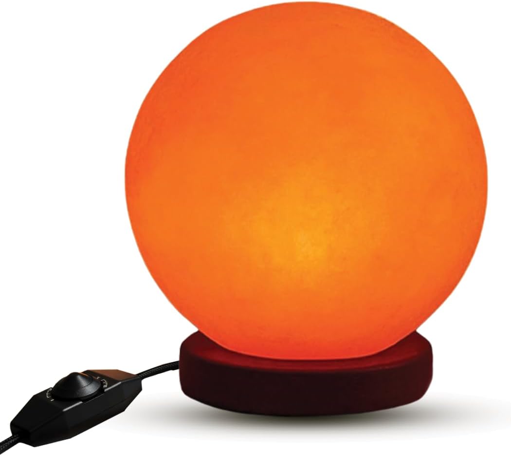 Himalayan Salt Lamp Globe – 5-Inch Hand-Carved Crystal Rock Sphere Moon with Wooden Base & UL-Listed Dimmer Cord – Warm Ambient Light for Bedroom, Office, Home Décor, Gift Ready