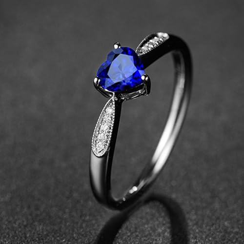 Women's Heart Ring, 925 Sterling Silver Plated Simulated Blue Sapphire Stackable Promise Engagement Wedding Band2