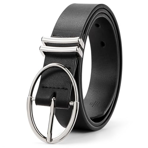 BOSTANTEN Women Belts For Jeans Dresses Pants Trendy Ladies Leather Waist Black Belt with Silver Oval Buckle