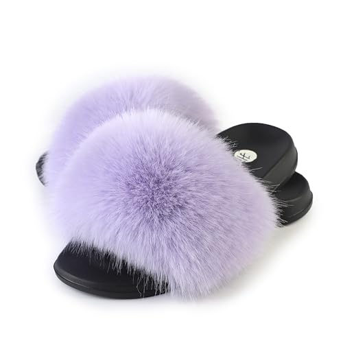 Image of Women's Faux Fur Slides, Open Toe Cute Fur Slippers, Indoor or Outdoor Comfortable Furry Slide Sandals With Fluffy Fur