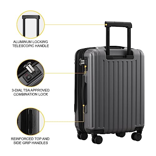 Level8 Grace Ext Carry On Luggage, 20” Expandable Hardside Suitcase, Abs+Pc Harshell Spinner Luggage With Tsa Lock, Spinner Wheels - Grey, 20” Carry-On #TOP6