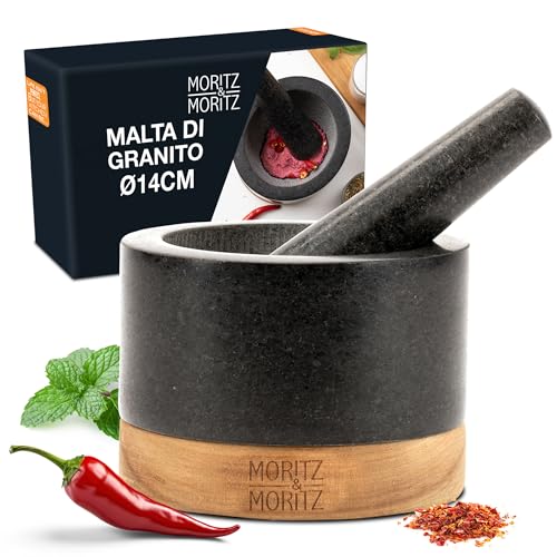 Moritz & Moritz Mortaio con pestello in granito - Diametro 14 cm - Marmo - Base in legno nobile - Regalo perfetto