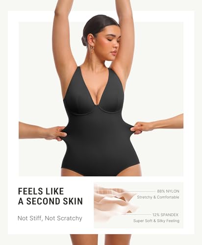 Image of FeelinGirl Shapewear Bodysuits for Women Tummy Control Deep V Neck Body Suits with Adjustable Straps Tops