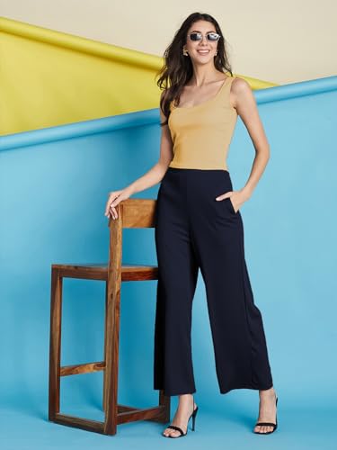 Image of Selvia Women's Solid Ribbed Lycra Elastic Regular Fit Wide-Leg Trouser