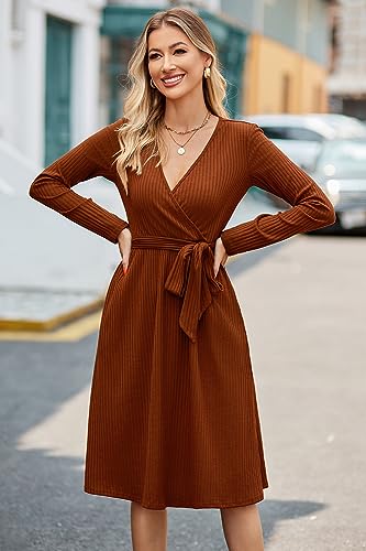 Newshows Womens 2025 Fall Dresses Teacher Church Business Casual Work Outfits Knit Midi Sweater Pockets Belt Dress2