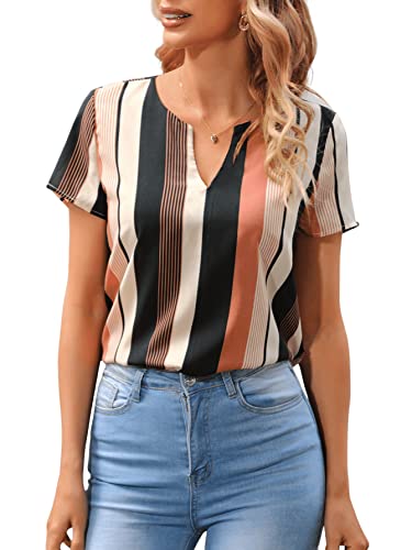Verdusa Women's Casual Summer Stripe Notch V Neck Short Sleeve Blouse Top Shirts Black Orange Xs #TOP3