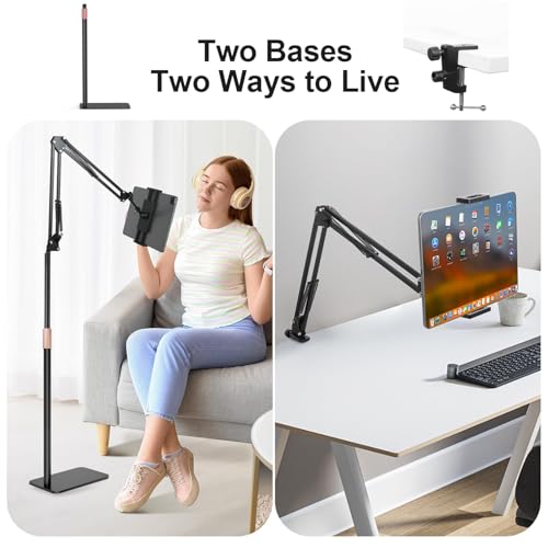 IceFun Tablet Floor Stand with Two Bases, Adjustable Universal Metal Tablet Stand Holder Supports Both Floor and Desktop Use?Compatible with iPad/iPhone/Kindle or Other 4.7”~13”Devices