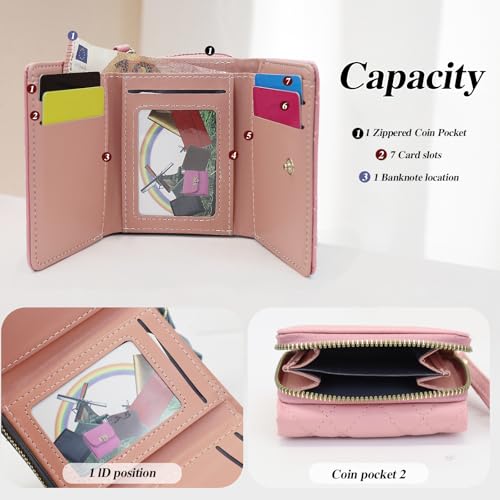Women’s Small Wallets, Soft PU Leather Trifold Compact Wallet, Cute Card Holder Purse with Zip Pocket and Strap (Pink)4