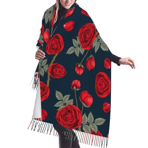 Hnnkloy Flores rosas rojas,Bufanda grande de cachemira sintética para mujer, chal ligero con borlas de moda, 196 x 68 cm