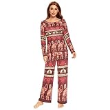 Damen-Pyjama-Set, ethnisches Blumenmuster, Tier-Elefanten-Pyjama-Set, langärmelig, lange Hose, 2-teilig, Loungewear, Nachtwäsche, mehrfarbig, 38