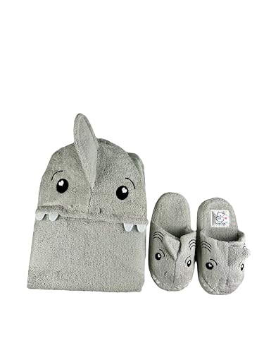 Image of SoapSox Hooded Towel & Slipper Set for Kids - Soft Cotton Towel w /Hand Pockets + Matching Slippers - 27x45 inch Gift Set