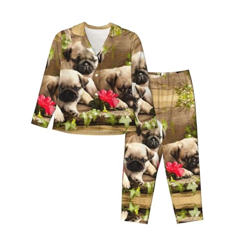 Pyjama imprimé carlin femme ensemble homewear chaud manches longues douceur soirée