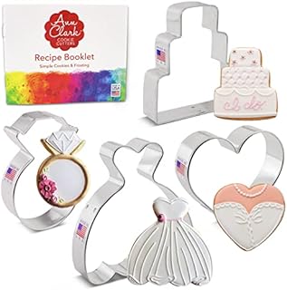 Ann Clark Cookie Cutters 4-Piece Wedding Cookie Cutter Set with Recipe Booklet, Wedding Dress, Wedding Cake, Diamond Ring and Heart