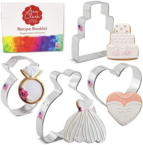 Ann Clark Cookie Cutters 4-Piece Wedding Cookie Cutter Set with Recipe Booklet, Wedding Dress, Wedding Cake, Diamond Ring and Heart