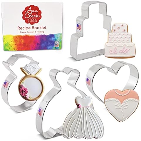 Ann Clark Ausstechformen - Hochzeit - 4 Teile Set - Hochzeitskleid, Hochzeitstorte, Diamant Ring, Herz - US verzinnter Stahl Cover