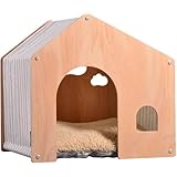 Livmorx 天然木、木製ペットハウス、多機能、頑丈なペットベラ、ベッド、ホームスタイリング、ナチュラルな室内ペットハウス、通気性、快適、半密閉型 (ベージュのストライプ,52×47×50cm)