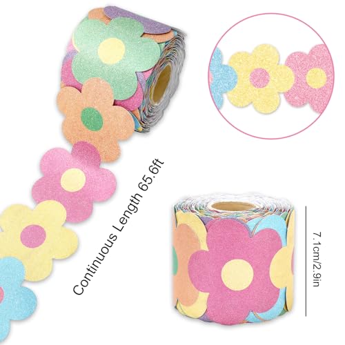 Image of Whaline 65.6Ft Glitter Pastel Bulletin Board Border Floral Boho Flower Die Cut Trim Border Roll for Back to School Chalkboard Wall Decor