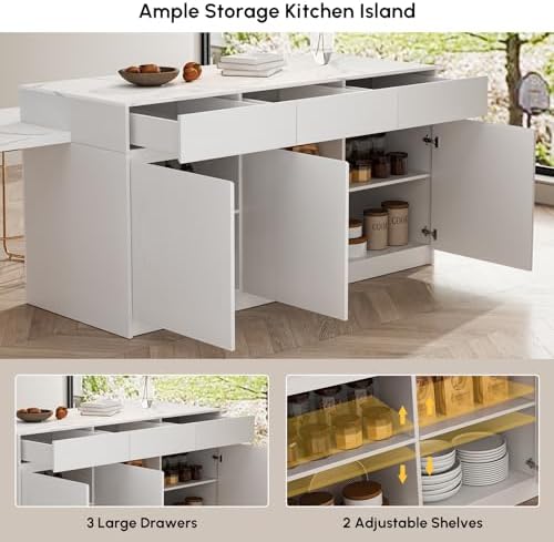 An overhead perspective of the marble-veneered tabletop, showcasing the elegant grey veining and the smooth surface used for food preparation.