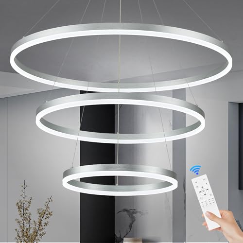 Benkut D31.5 3 Rings Modern LED Chandelier Silver Dimmable LED Pendant Light with Remote Control Circular Flush Mount High Ceiling Light for Dining Room Living Room Bedroom Foyer(3000K-6500K, H71)