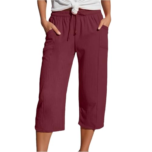 Capris Pants for Women Cotton Linen Casual Summer 2025 Wide Leg Loose Comfy Drawstring Elastic Waist Cropped Trousers A03-Red S
