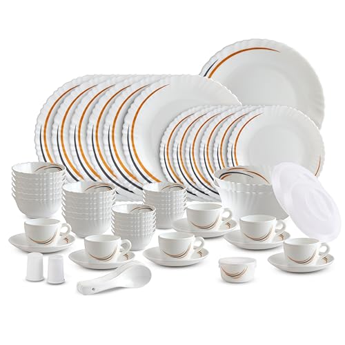 Image of Cello Dazzle Series Opalware Dinner Set 51 Pcs | Golden Arc | Opal Glass, Lightweight & Chip-Resistant | Microwave Safe, Dishwasher Safe | Scratch-Resistant Dinnerware | White
