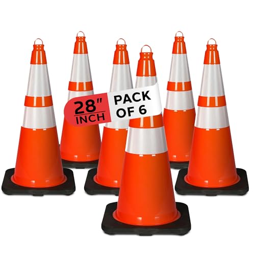 Pyle 28" PVC Traffic Cones, 6-Pack Safety Cones for Parking, Construction, Roadwork, & Sports Training, High-Visibility Orange, Durable, Stackable Design, Heavy-Duty Base for Stability in All Weather