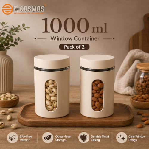Image of E-COSMOS 1000 ml Plastic Kitchen Storage Container Pack of 2 - Airtight Oval Container with Clear Window for Snacks, Tea, Coffee & Dry Fruits (Multicolor) (Pack Of 2, 1000, Milliliters)