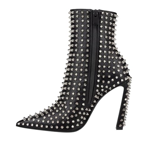 FSJ Women Studded Rivets Ankle Boots Pointed Toe Side Zipper High Heel with Spike Fashion Short Booties Sexy Party Shoes Size 4-16 US4