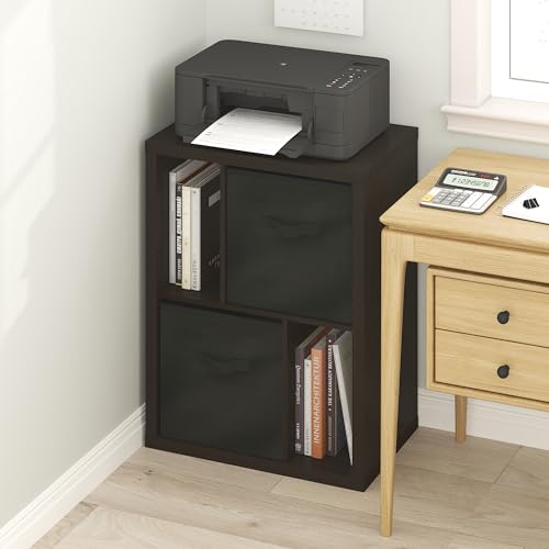 Image of Furinno Viola 2-Tier Storage Shelf, Printer Stand, Dark Oak | 2 Drawer Bins, 1.2-inch Extra Thick Frame Bookshelf, Reversible Display Rack, for Organization, Living Room, Home Office