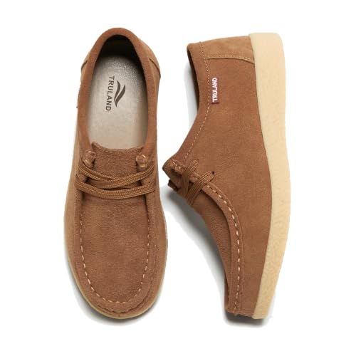 Image of TRULAND Leather Oxford Shoes for Women - Suede Lace Up Moc Toe Low Platform Flat Wallabees Shoes