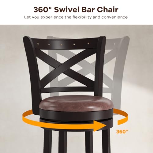 COSTWAY Set de 2 Butacos de Bar Giratorios de 30" con Tachuelas de Cobre, Asiento Tapizado y Respaldo en X, Estructura de Madera Maciza de Caucho miniatura 4