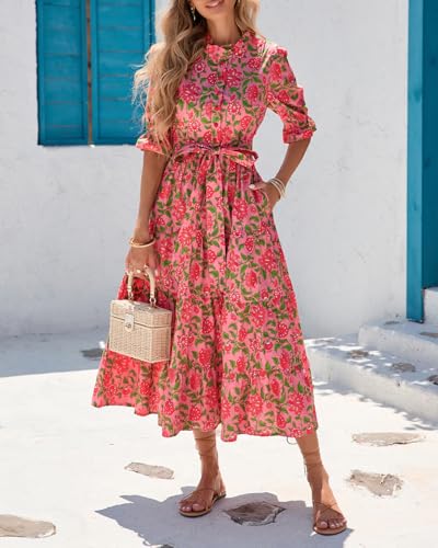 Women's Floral Printed Stand Ruffle Collar Midi Dress Half Sleeve Button Down Flowy Belted Beach Vacation Dress2