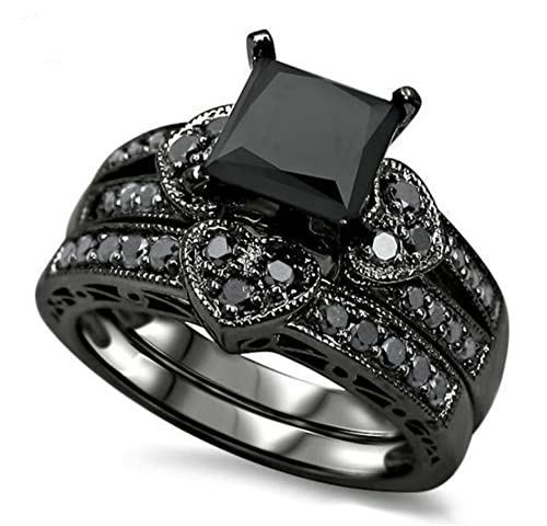 Razered Titanium Steel Inlay And Womens Black wedding ring couple Princess Cut Heart CZ Crystal Engagement Band Bridal Jewelry4
