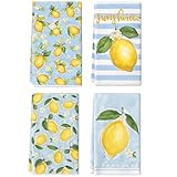 MOAZIFI 4er Geschirrtücher Zitronen Deko Set, Geschirrtücher Baumwolle, Saugfähiges Küchentuch 45x70cm, Zitrone Design für Sommer Küche, Weiches Baumwolltuch Dekoration Gelb Blau Weiß