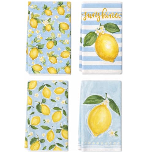 MOAZIFI 4er Geschirrtücher Zitronen Deko Set Geschirrtücher Baumwolle Saugfähiges Küchentuch 45x70cm Zitrone Design für Sommer Küche Weiches Baumwolltuch Dekoration Gelb Blau Weiß