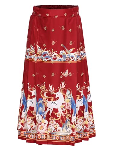 Eandarui Kids Girls Chinese Hanfu Mamianqun Skirt Horse Face Skirt Butterfly Deer Print Pleated Maxi Skirt Red 3-4 Years