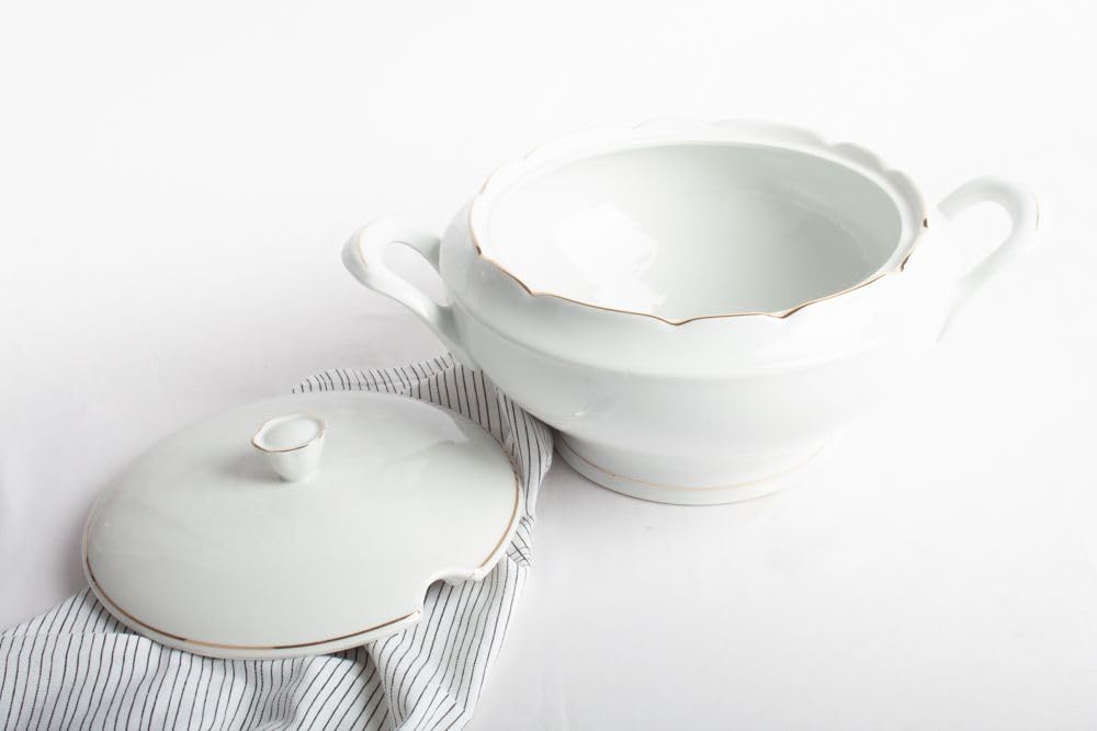 Soupière en porcelaine blanche (3 l) Sena, 1 couvercle en porcelaine, tranchant doré