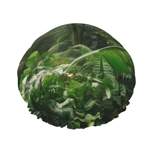 Gorro de ducha con estampado de selva tropical para mujer, doble capa, impermeable, elástico, reutilizable, protección para el cabello, gorro de baño para spa, salón de baño, damas