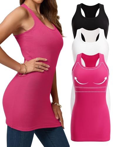 Missclub 3 Pack Womens Extra Long Tank Tops with Shelf Bra Camisoles Ribbed Racerback Workout Tank Tops Woman Hot Pink M