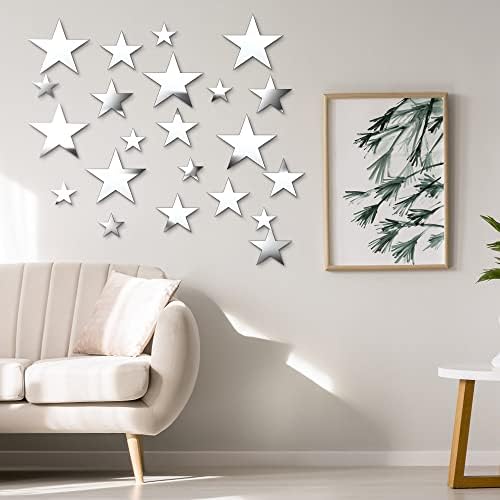 KBNIAN 20 Pcs Removable Acrylic Mirror Setting Wall Sticker, Star Shape Mirror Wall Stickers Adhesive 3D Wall Stickers Star Wall Decor for Nursery Home Living Room Bedroom Wall Decoration (3 Size)