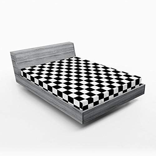 Ambesonne Checkers Game Fitted Sheet, Geometric Grid Style Monochrome Squares in Traditional Game Board Design, Bed Cover with All-Round Elastic Deep Pocket for Comfort, King Size, White Black
