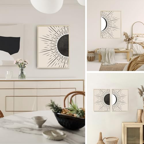 SERIMINO Black and White Wall Art Framed, Boho Canvas Wall Art for Living Room, Set of 2 Sun and Moon Painting Prints for Bedroom Decor Aesthetic,20 x28 inch