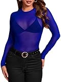 SweatyRocks Women's Long Sleeve Mock Neck Angel Print Sexy Sheer Mesh Crop Top Royal Blue Large