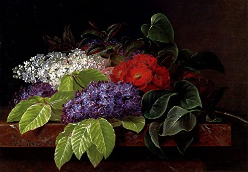 Affiche Camélia lilas et feuilles de hêtre sur marbre 60x90cm pour salon