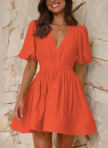 Image of Outfeel Women 2026 Summer Mini Dress Puff Short Sleeve Sexy V Neck A Line Elastic High Waist Flowy Swing Dresses