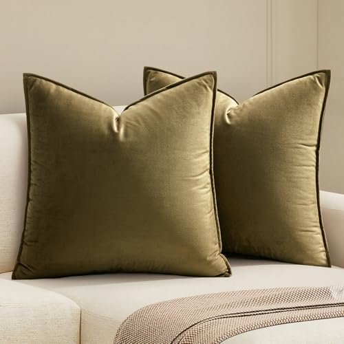 MIULEE Olive Green Velvet Throw Pillow Covers 20x20 Soft Decorative Solid Square Cushion Cases Pack of 2 Modern Luxury Home Decor for Couch Sofa Bedroom