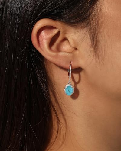FANCIME Sterling Silver Created Turquoise Earrings Leverback Earrings Oval Halo Cubic Zirconia December Birthstone Earrings Fine Jewelry Gifts for Women3