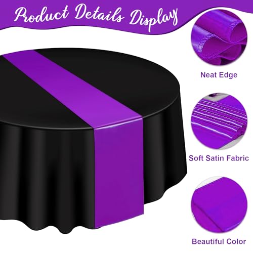 Image of 12Pack 12x108 Inch Satin Table Runner and 84 Inch Round Plastic Tablecloths Set Black Purple Disposable Round Table Cover for Graduation Wedding Bridal Shower Anniversary Birthday Party Decorations