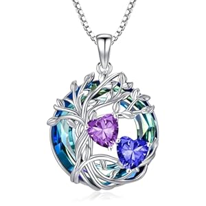 TOUPOP s925 Sterling Silver Family Celtic Tree of Life Pendant Necklaces with 2 Heart Birthstone with Blue Austrian Crystal Jewelry Birthday Valentines Day Gifts for Her, Anniversary Christmas Gifts for Wife Girlfriend Mom (18K Real White Gold Filled)